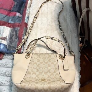 Coach Cream and Tan Signature Shoulder Bag